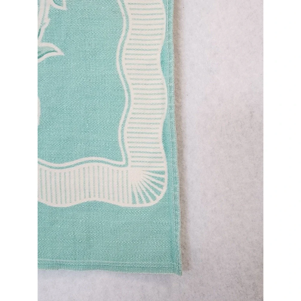 Vintage Aqua Teal Floral Tulip Table Runner Scalloped Border Retro MCM 28x13